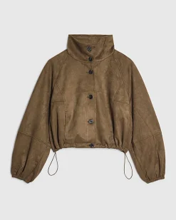 Khaki Faux Suede Drawstring Hem Bomber Jacket