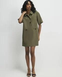 Khaki Faux Suede Short Sleeve Shirt Dress