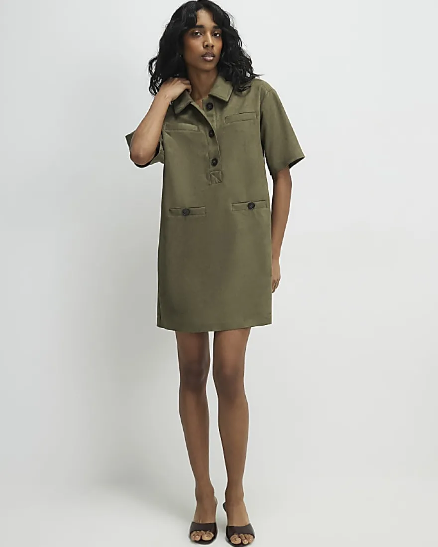 Khaki Faux Suede Short Sleeve Shirt Dress