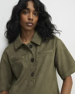 Khaki Faux Suede Short Sleeve Shirt Dress