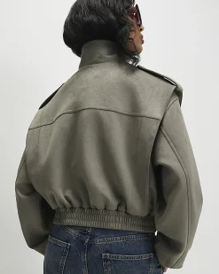 Khaki Faux Suede Shoulder Detail Jacket