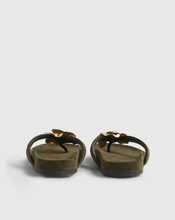 Khaki Flower Toe Thong Flat Sandals