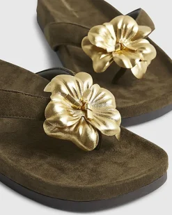 Khaki Flower Toe Thong Flat Sandals
