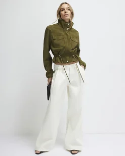 Khaki Funnel Neck Drawstring Jacket