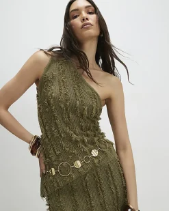 Khaki Knitted Asymmetric Fringed Top