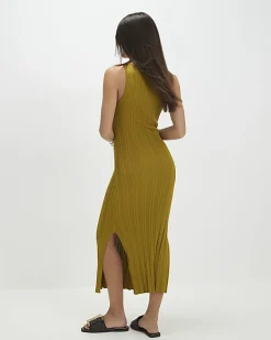 Khaki Knitted Racer Neck Ribbed Midi Dress
