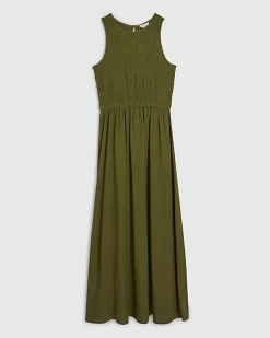 Khaki Linen Blend Shirred Midi Dress