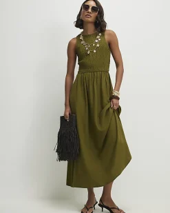 Khaki Linen Blend Shirred Midi Dress