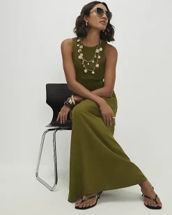 Khaki Linen Blend Shirred Midi Dress