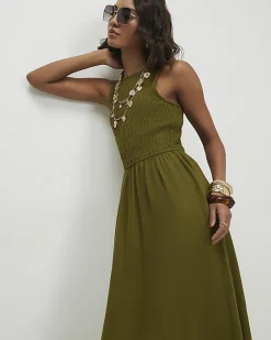 Khaki Linen Blend Shirred Midi Dress