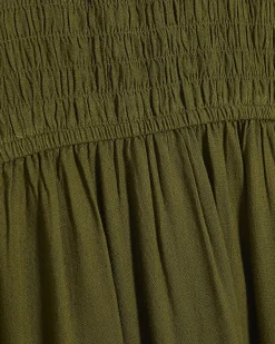Khaki Linen Blend Shirred Midi Dress