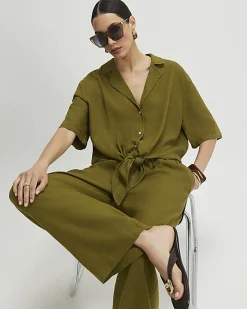 Khaki Linen Blend Short Sleeve Shirt