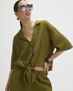 Khaki Linen Blend Short Sleeve Shirt