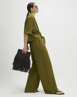 Khaki Linen Blend Wide Leg Trousers
