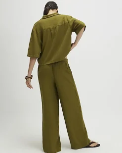 Khaki Linen Blend Wide Leg Trousers