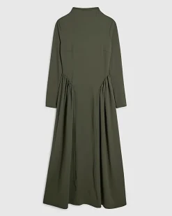 Khaki Long Sleeve Gathered Waist Maxi Dress