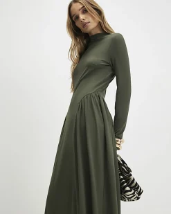 Khaki Long Sleeve Gathered Waist Maxi Dress