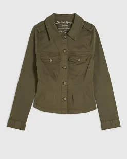 Khaki Long Sleeve Stretch Fitted Jacket