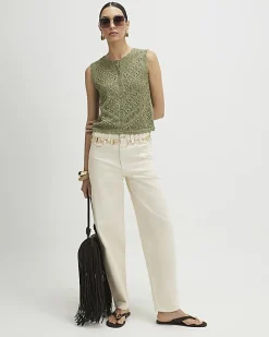 Khaki Metallic Knit Scallop Trim Top