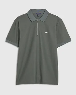 Khaki Muscle Fit Textured Zip Polo Shirt