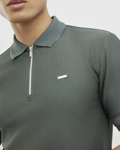 Khaki Muscle Fit Textured Zip Polo Shirt