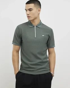 Khaki Muscle Fit Textured Zip Polo Shirt