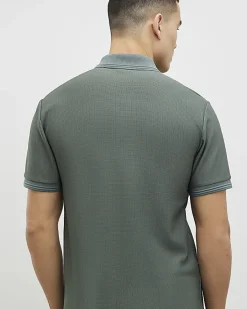 Khaki Muscle Fit Textured Zip Polo Shirt