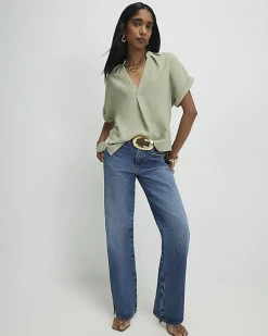 Khaki Notch Neck Short Sleeve Top