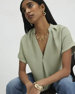 Khaki Notch Neck Short Sleeve Top