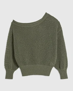 Khaki Open Stitch Knit Off The Shoulder Top