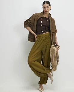 Khaki Pleated Mesh Balloon Leg Trousers