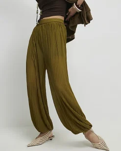Khaki Pleated Mesh Balloon Leg Trousers