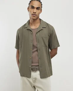 Khaki Regular Fit Linen Blend Revere Shirt