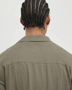 Khaki Regular Fit Linen Blend Revere Shirt