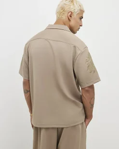 Khaki Regular Fit Paisley Embroidery Shirt