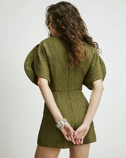 Khaki RI Studio Full Sleeve Textured Playsuit