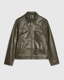 Khaki RI Studio Leather Zip Up Jacket