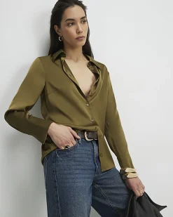 Khaki Satin Long Sleeve Slim Fit Shirt