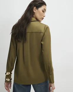 Khaki Satin Long Sleeve Slim Fit Shirt