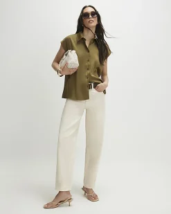 Khaki Satin Sleeveless Shirt
