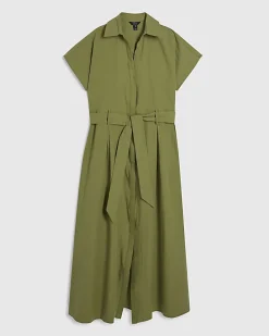 Khaki Short Sleeve Midi Shirt Dress