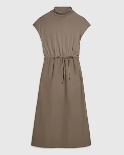 Khaki Short Sleeve Tie Waist Midi Dress