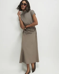 Khaki Short Sleeve Tie Waist Midi Dress