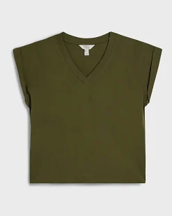 Khaki Short Sleeve V Neck Top
