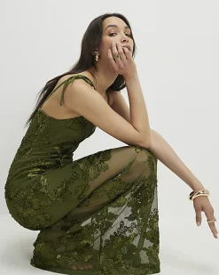 Khaki Sleeveless Cornelli Maxi Dress