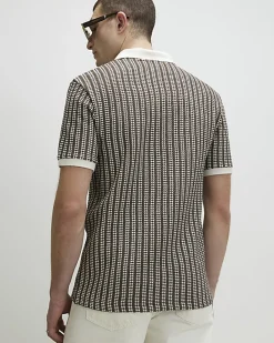 Khaki Slim Open Neck Crochet Polo Shirt