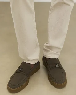 Khaki Suede Buckle Loafers