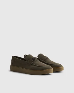 Khaki Suede Buckle Loafers