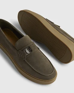 Khaki Suede Buckle Loafers