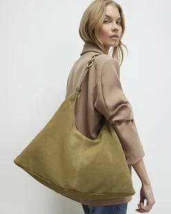Khaki Suede Chain Link Handle Shoulder Bag